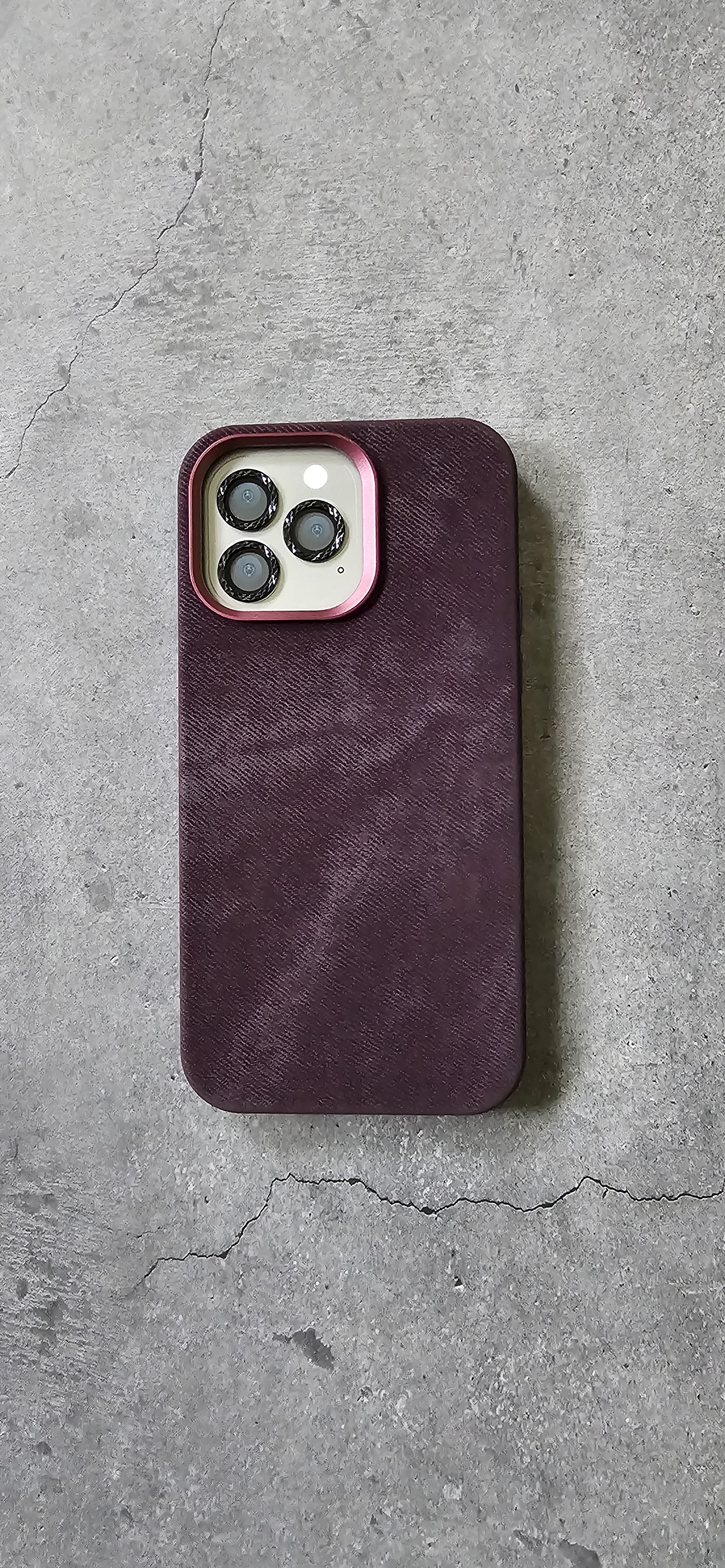 Elegant faux suede alcantra look phone cases for iPhone 13/14, 14 Pro, 14 Promax, 15, 15 Plus, 15 Pro, 15 Promax - Purple