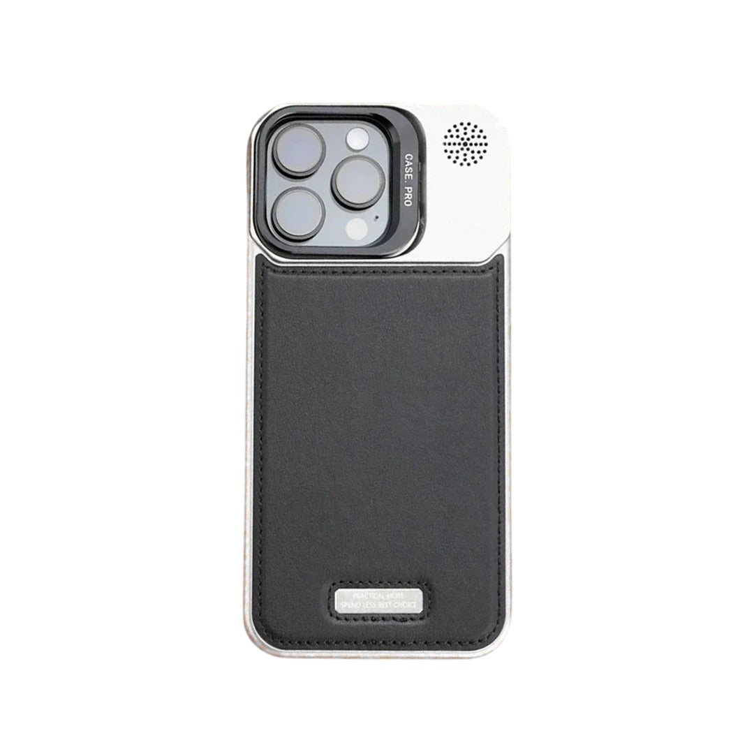 Black Metal Holder Plain Leather MagSafe Phone Case iPhone 16 Plus