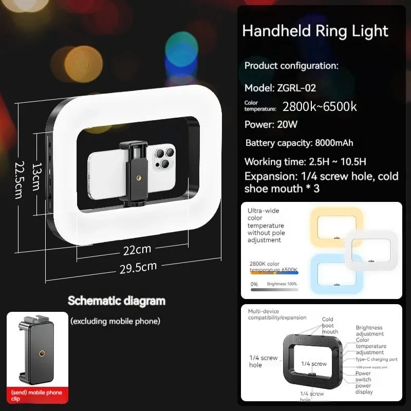 ZGRL02 Handheld Led Video Ring Light Fill Light Smartphone Camera Cage Rig Bi-color 2500-8500K CRI+95 Video Light