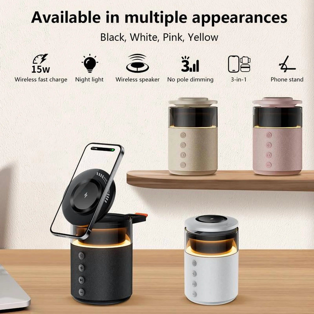 5-in-1 Wireless Charging Station with Bluetooth Speaker, Night Light, 360° Stereo Sound - White