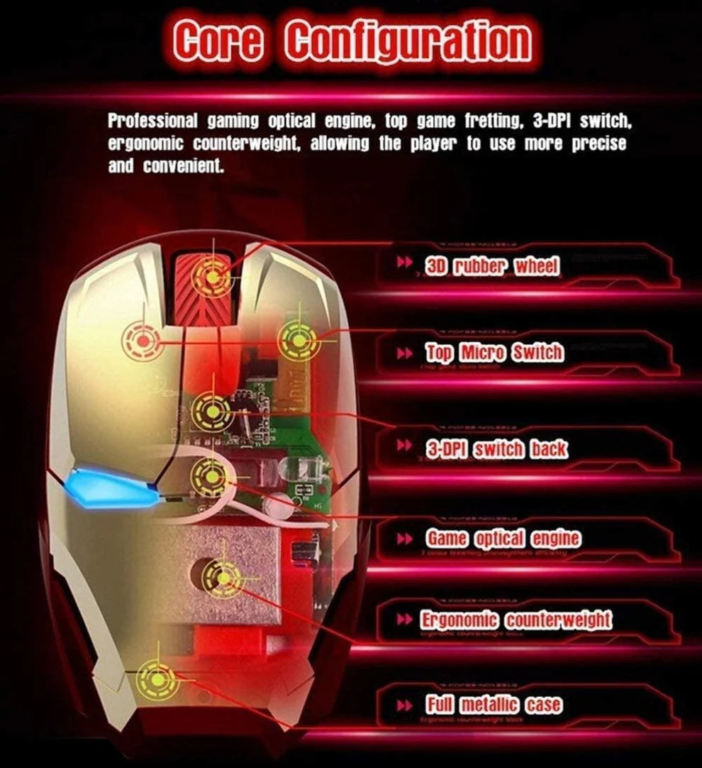 Wireless Iron Man Mouse 2.4G Optical Computer Mouse for Desktop Laptop PC Mac - Gold
