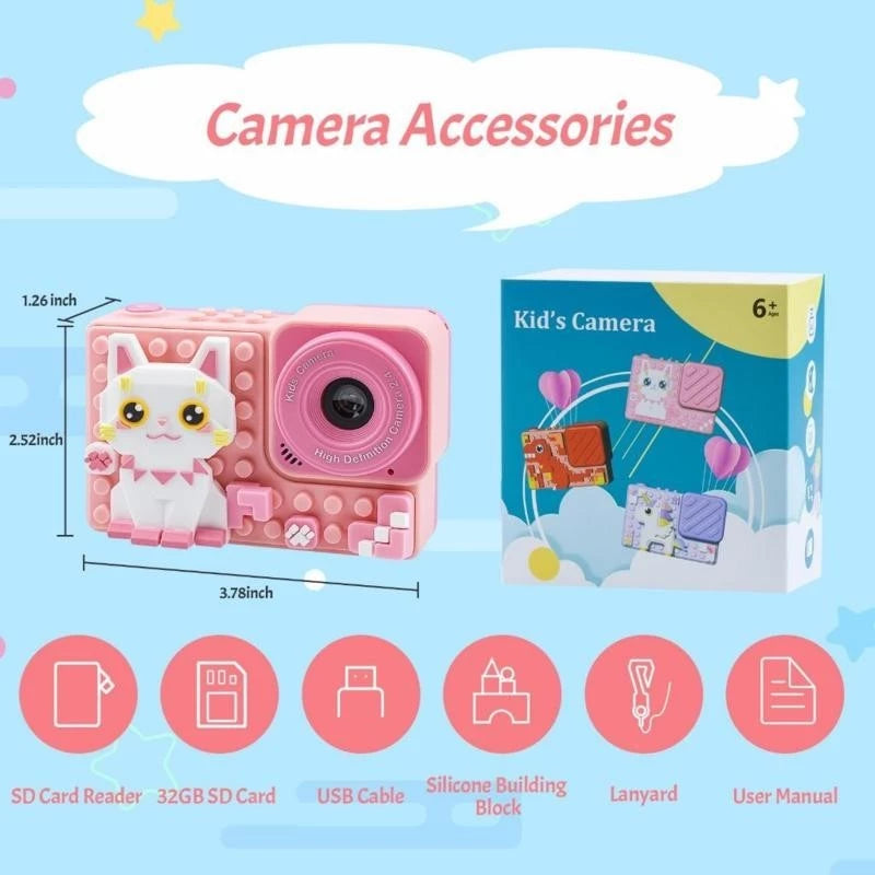 Kids Digital Video Toy Camera with Silicone Building CardBlocks - Cat