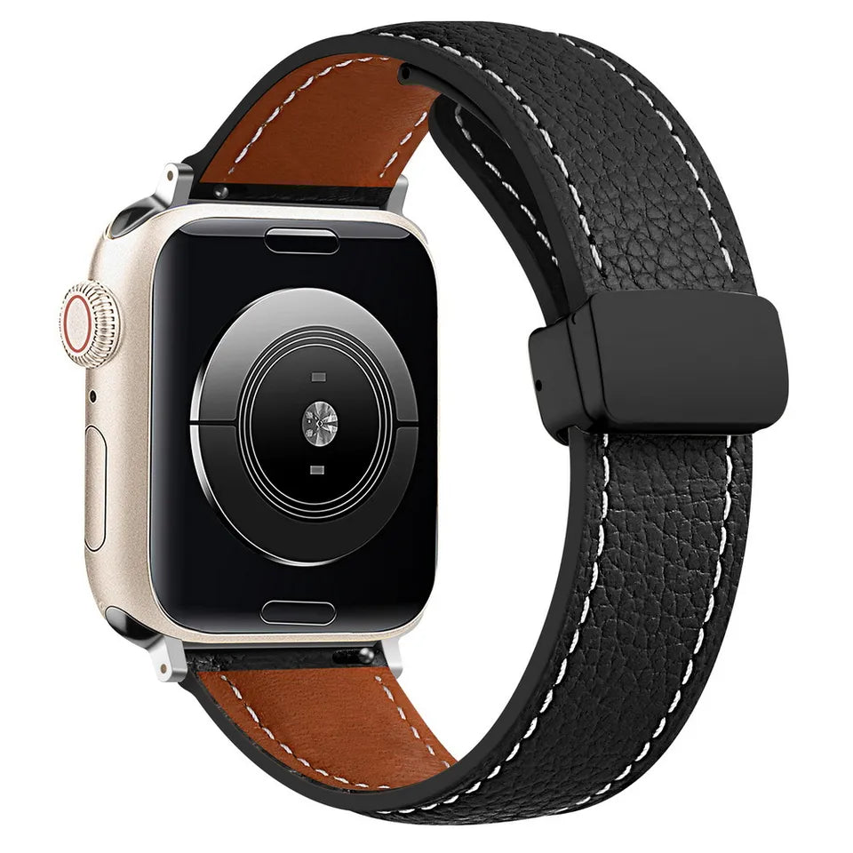 42/44/45/49 MM Black Genuine Leather Folding Buckle Bands for Apple Watches