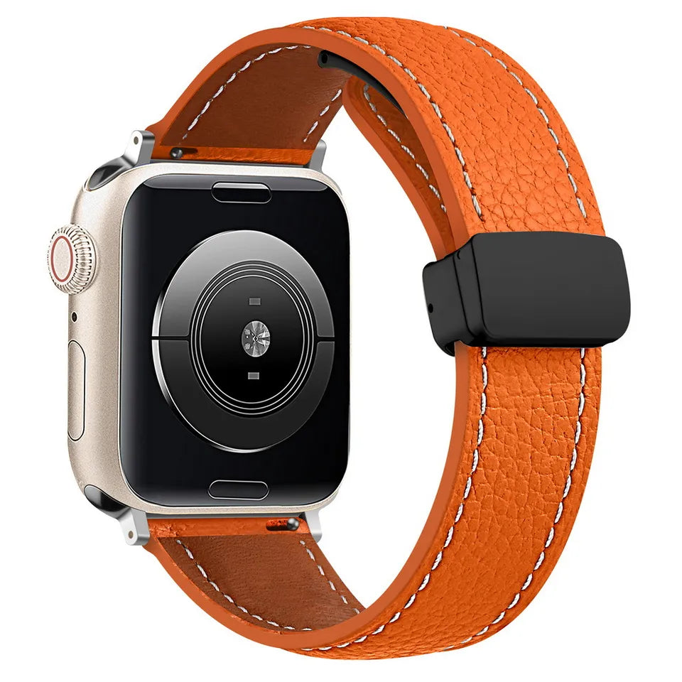 42/44/45/49 MM Orange Genuine Leather Folding Buckle Bands for Apple Watches