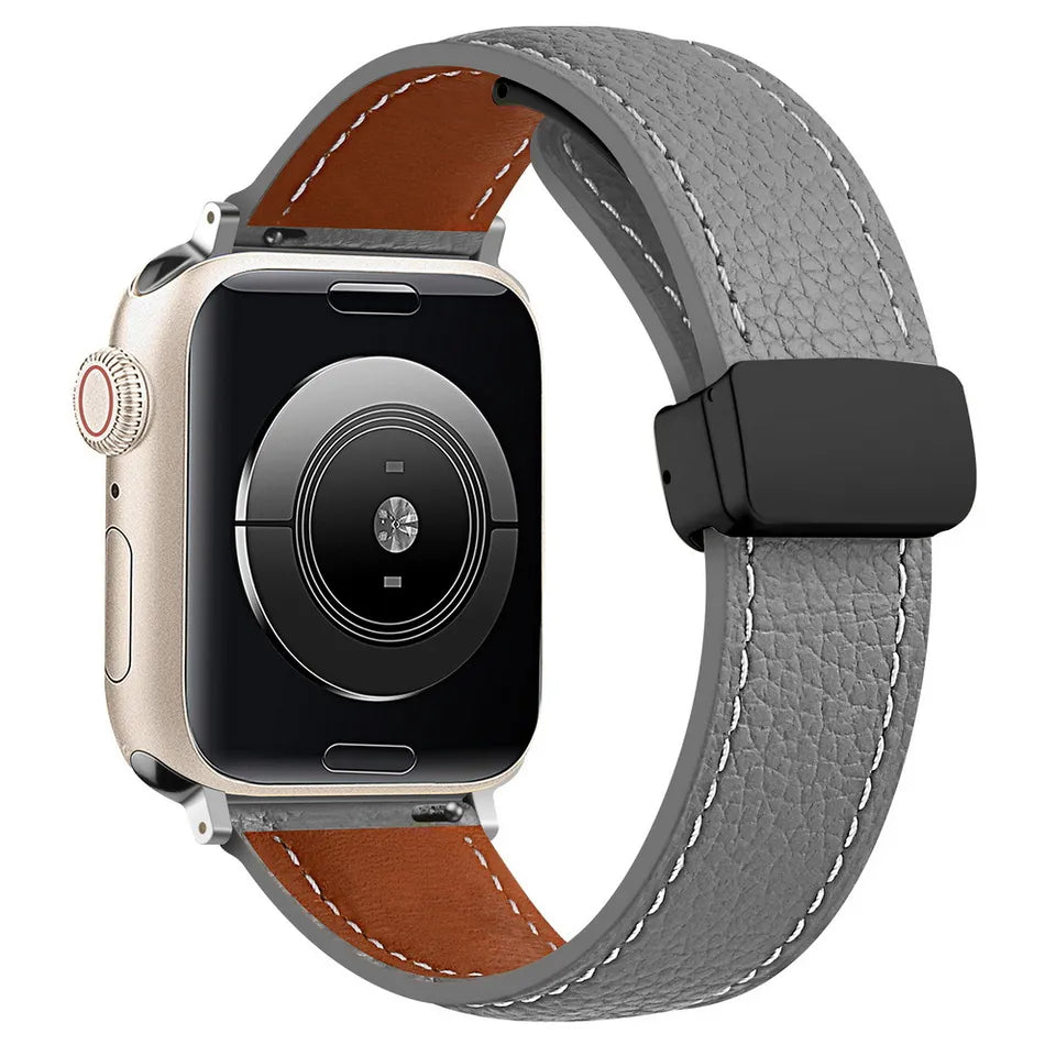 38/40/41 MM Grey Genuine Leather Folding Buckle Bands for Apple Watches