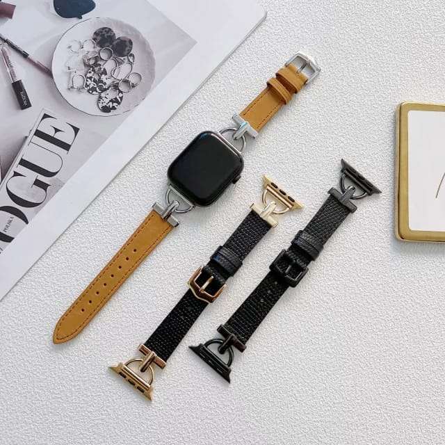 38/40/41 MM Stainless Steel D Buckle Brown Leather Strap for Apple Watches