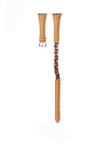 Light Brown Long Genuine Leather Metal Chain bands for Apple Watches