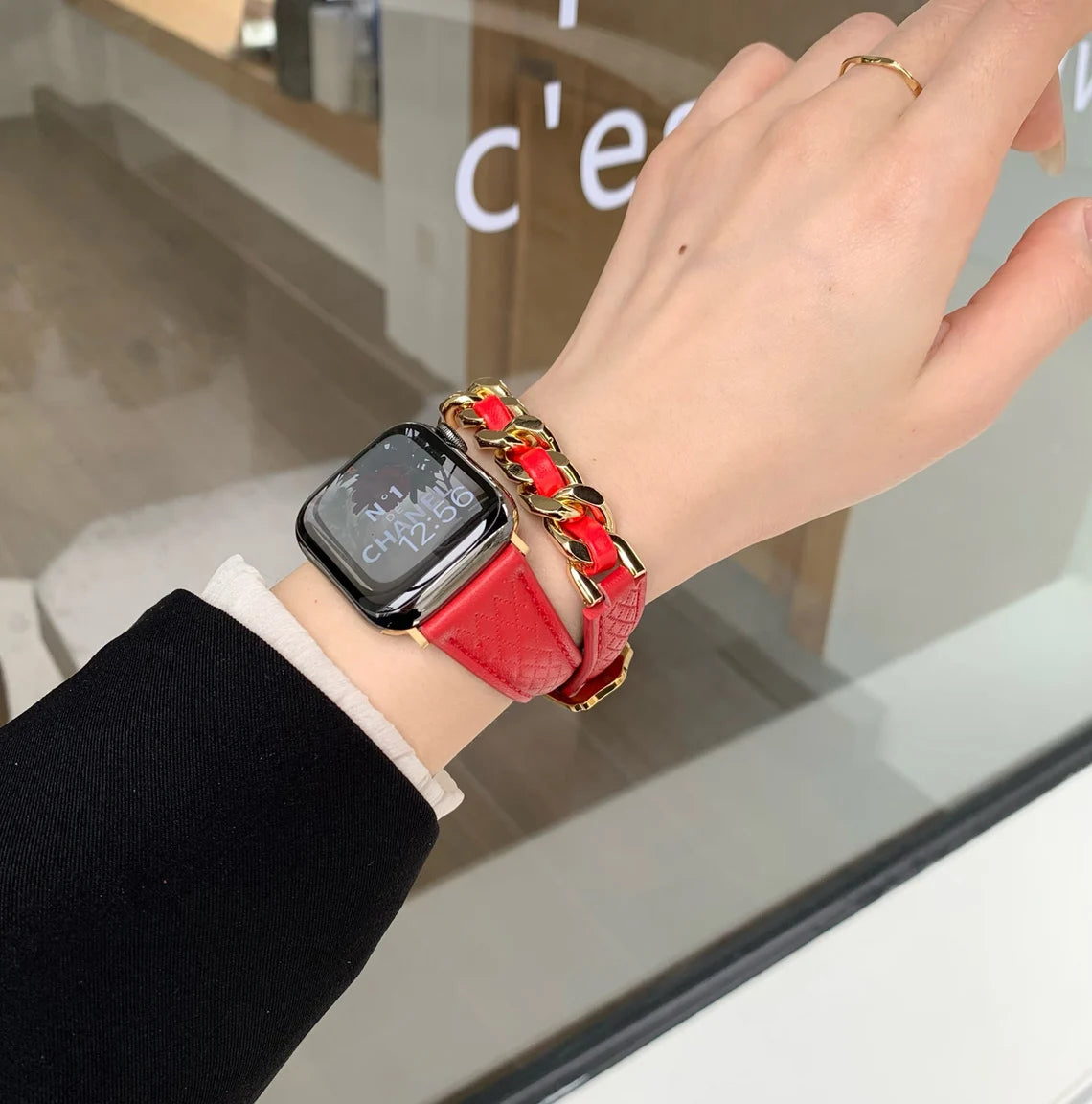 Red Long Genuine Leather Metal Chain bands for Apple Watches