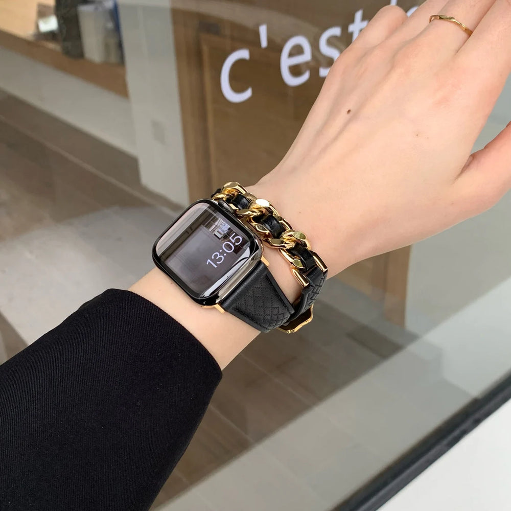 Black Long Genuine Leather Metal Chain bands for Apple Watches