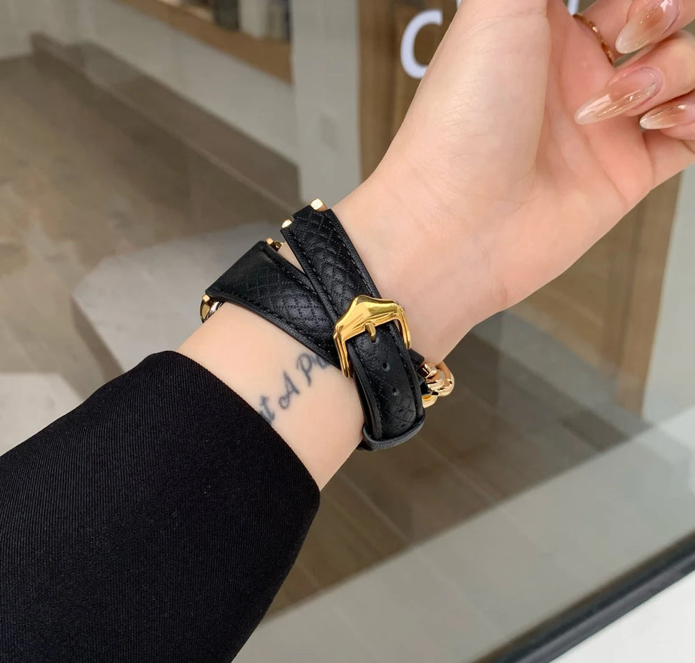 Black Long Genuine Leather Metal Chain bands for Apple Watches